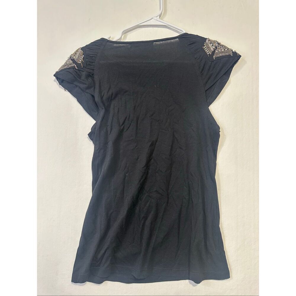 Alice + Olivia Black Embellished Shoulder Tee Top Cap Sleeve Beaded - Picture 6 of 7